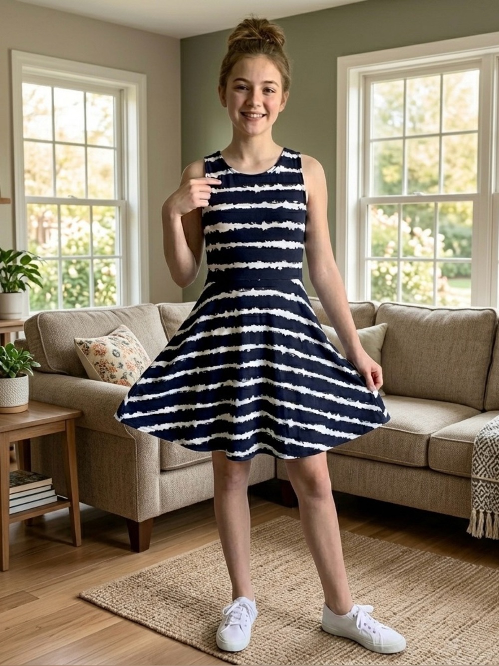 Girls Navy & White Striped Jersey Dress - Size Large (Like New)
